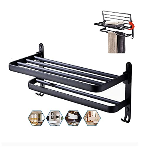 -Shelf Balcony Bathroom Towel Rack Holder,Foldable Towel Rack Alumibathroom Storage Shelf,Wall Mounted Floating Shelves with Towel Hooks and Towel Bar/60Cm(23.6Inch)