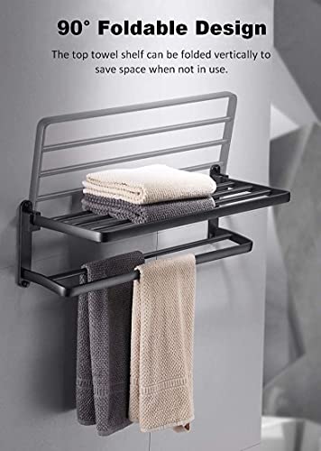 -Shelf Balcony Bathroom Towel Rack Holder,Foldable Towel Rack Alumibathroom Storage Shelf,Wall Mounted Floating Shelves with Towel Hooks and Towel Bar/60Cm(23.6Inch)