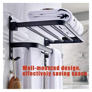 -Shelf Balcony Bathroom Towel Rack Holder,Foldable Towel Rack Alumibathroom Storage Shelf,Wall Mounted Floating Shelves with Towel Hooks and Towel Bar/60Cm(23.6Inch)