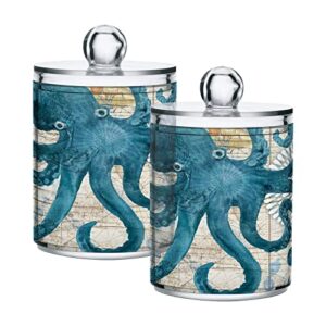 yyzzh vintage nautical map octopus starfish aquatic ocean 2 pack qtip holder dispenser for cotton swab ball round pads floss 10 oz apothecary jar set for bathroom canister storage makeup organizer