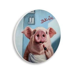 stupell industries be-you-tiful pink pig in towel lipstick big snout circular wall plaque, 12" diameter, blue