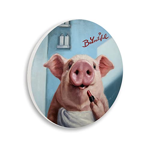 Stupell Industries Be-You-Tiful Pink Pig in Towel Lipstick Big Snout Circular Wall Plaque, 12" Diameter, Blue