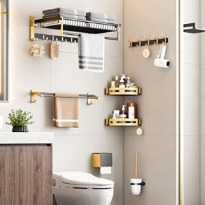 24HOCL 24 Inch Foldable Towel Rack Wall Mounted with Towel Bar/Basket, Bath Towel Shelf with Movable 7 Hooks for Bathroom Hotel Lavatory (Black+Gold)