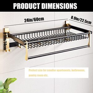 24HOCL 24 Inch Foldable Towel Rack Wall Mounted with Towel Bar/Basket, Bath Towel Shelf with Movable 7 Hooks for Bathroom Hotel Lavatory (Black+Gold)