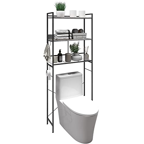 SAILUN Over-The-Toilet Storage Rack, 3-Tier Bathroom Organizer Shelf Over Toilet, Freestanding Space Saver Toilet Stands with 2 Hooks, Oak