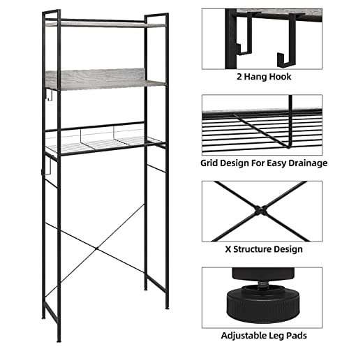 SAILUN Over-The-Toilet Storage Rack, 3-Tier Bathroom Organizer Shelf Over Toilet, Freestanding Space Saver Toilet Stands with 2 Hooks, Oak