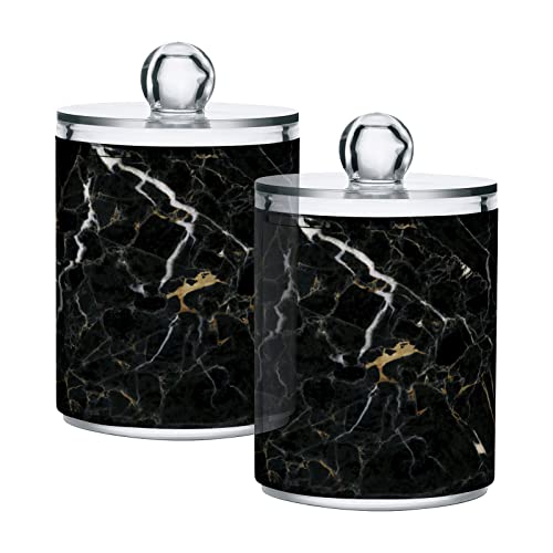 ALAZA 2 Pack Qtip Holder Dispenser Dark Black Marble Bathroom Organizer Canisters for Cotton Balls/Swabs/Pads/Floss,Plastic Apothecary Jars for Vanity