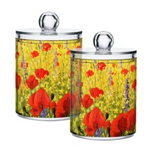 4 pack qtip holder dispenser red poppies and yellow flower field cotton ball cotton swab cotton round pads floss clear bathroom storage containers plastic apothecary jars with lids