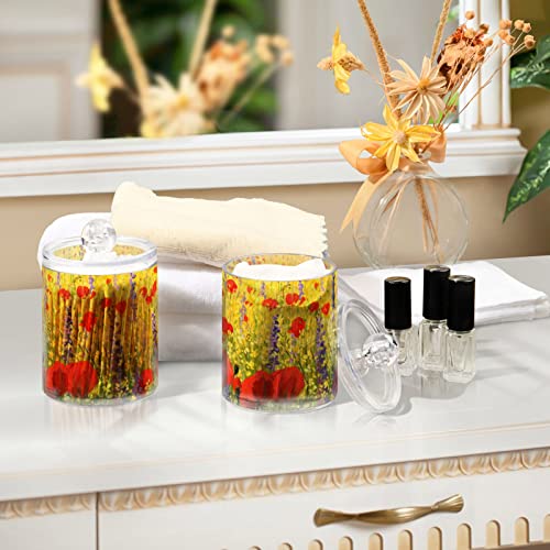 4 Pack Qtip Holder Dispenser Red Poppies and Yellow Flower Field Cotton Ball Cotton Swab Cotton Round Pads Floss Clear Bathroom Storage Containers Plastic Apothecary Jars with Lids