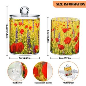 4 Pack Qtip Holder Dispenser Red Poppies and Yellow Flower Field Cotton Ball Cotton Swab Cotton Round Pads Floss Clear Bathroom Storage Containers Plastic Apothecary Jars with Lids