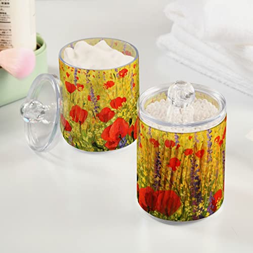 4 Pack Qtip Holder Dispenser Red Poppies and Yellow Flower Field Cotton Ball Cotton Swab Cotton Round Pads Floss Clear Bathroom Storage Containers Plastic Apothecary Jars with Lids