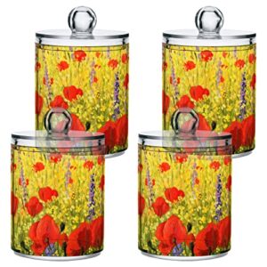 4 Pack Qtip Holder Dispenser Red Poppies and Yellow Flower Field Cotton Ball Cotton Swab Cotton Round Pads Floss Clear Bathroom Storage Containers Plastic Apothecary Jars with Lids