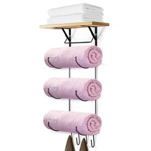 tj.moree towel rack wall mount for bathroom storage, 3 sectional metal bath towel rack with 4 hooks for small bathroom organization
