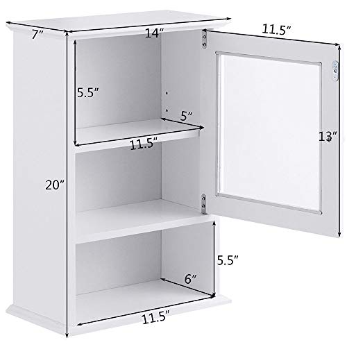 Thaweesuk Shop Wall Mounted Bathroom Cabinet Storage Organize Hanging Medicine Adjustable Shelf MDF White Tempered Glass 14" W x 7" D x 20" H of Set