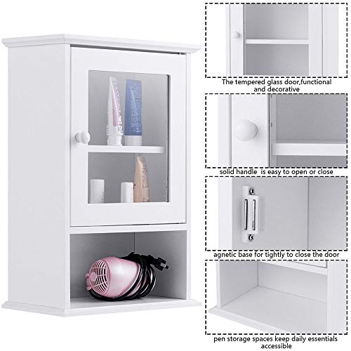 Thaweesuk Shop Wall Mounted Bathroom Cabinet Storage Organize Hanging Medicine Adjustable Shelf MDF White Tempered Glass 14" W x 7" D x 20" H of Set