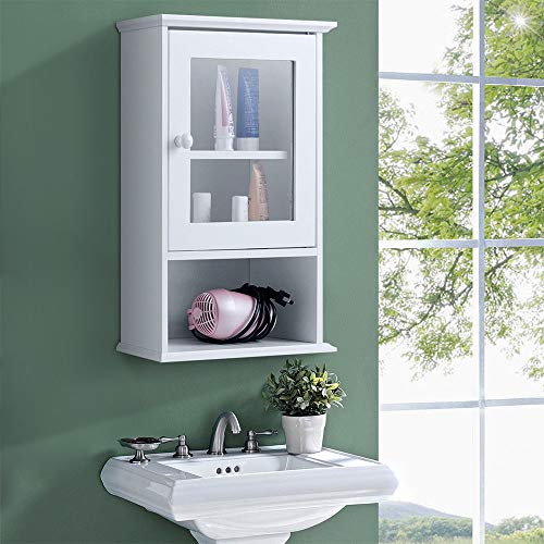 Thaweesuk Shop Wall Mounted Bathroom Cabinet Storage Organize Hanging Medicine Adjustable Shelf MDF White Tempered Glass 14" W x 7" D x 20" H of Set