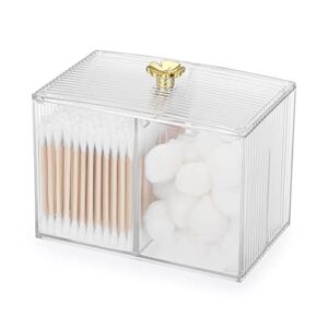 Hipiwe Acrylic Q-tip Holder with Lid- 3 Sections Bathroom Dispenser Jar Cotton Ball and Swab Organizer Plastic Apothecary Jar Makeup Storage Canister Box for Cotton Rounds Pads Floss