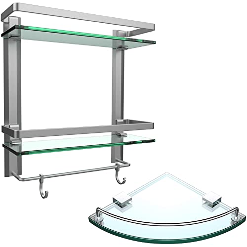 Vdomus Bathroom Tempered Glass Shelf with Towel Bar Wall Mounted, Brushed Silver Finish (2 Tier + 1 Tier)