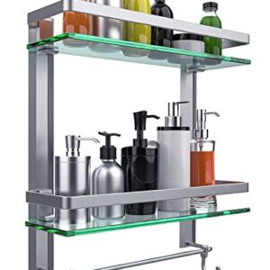 Vdomus Bathroom Tempered Glass Shelf with Towel Bar Wall Mounted, Brushed Silver Finish (2 Tier + 1 Tier)