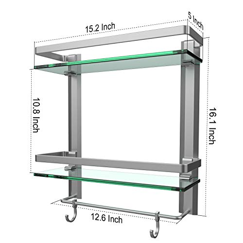 Vdomus Bathroom Tempered Glass Shelf with Towel Bar Wall Mounted, Brushed Silver Finish (2 Tier + 1 Tier)