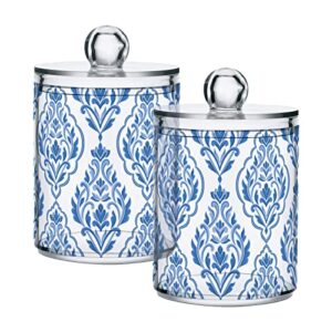xigua 2 pack blue white damask pattern apothecary jars with lid, qtip holder storage containers for cotton ball, swabs, pads, clear plastic canisters for bathroom vanity organization (10 oz)