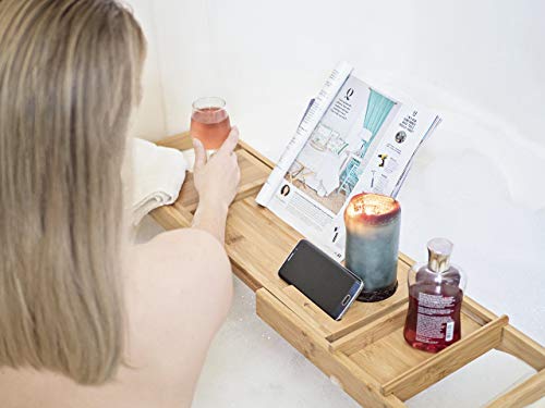 ModernTropic Home and Spa Bamboo Bathtub Caddy and Tray Expandable Non-Slip Wooden Bath Tray Securely Holds Drinks, Book/Tablet, Accessories, Phone