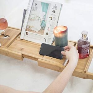 ModernTropic Home and Spa Bamboo Bathtub Caddy and Tray Expandable Non-Slip Wooden Bath Tray Securely Holds Drinks, Book/Tablet, Accessories, Phone