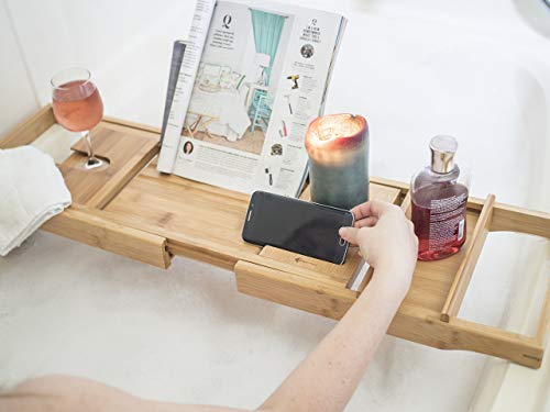 ModernTropic Home and Spa Bamboo Bathtub Caddy and Tray Expandable Non-Slip Wooden Bath Tray Securely Holds Drinks, Book/Tablet, Accessories, Phone