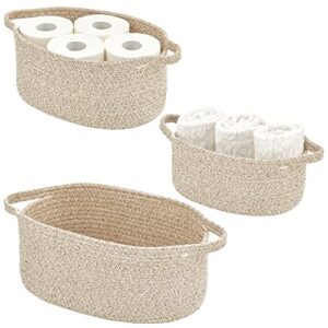 mdesign rustic casual woven cotton rope bathroom basket with handles - storage organizer set for countertop, floor, closet or vanity - holds toilet paper, towels, or magazines - set of 3, brown