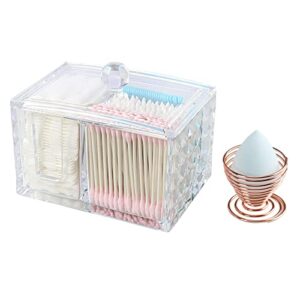 TocTen Qtip Holder Dispenser for Cotton Ball, Cotton Swab, Cotton Round Pads Jar, 3-Grid Bathroom Canister with Lid Thicken Acrylic Plastic Make Up Organizer, Extra Sponge Blender Holder Includ