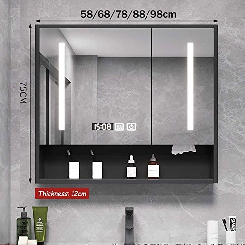 TISSY Bathroom Mirror Cabinet, Wall Mounted Smart Medicine Cabinet with LED Mirror, Anti-Fog Waterproof, Touch Switch, Wooden Housewarming Gift, 90cm/36inch (Color : Black, Size : 80cm)