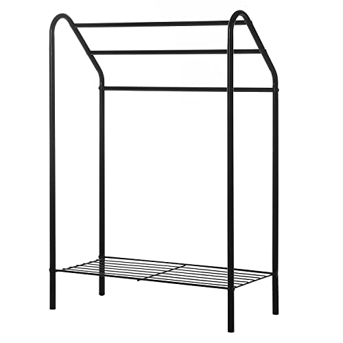 MyGift 3 Tier Matte Black Metal Bathroom Towel Bar Rack, Freestanding Laundry Room Clothes Drying Stand with Bottom Storage Shelf