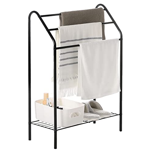 MyGift 3 Tier Matte Black Metal Bathroom Towel Bar Rack, Freestanding Laundry Room Clothes Drying Stand with Bottom Storage Shelf