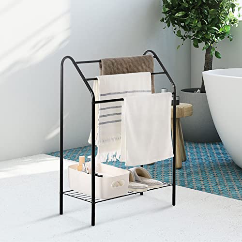 MyGift 3 Tier Matte Black Metal Bathroom Towel Bar Rack, Freestanding Laundry Room Clothes Drying Stand with Bottom Storage Shelf