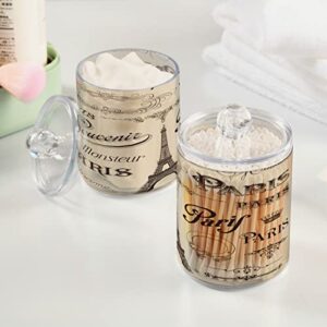 DOMIKING Paris Calligraphy 2 Pack Cotton Swab Holder Dispenser Plastic Jar Bathroom Storage Canister Acrylic Containers for Cotton Ball Cotton Swab Cotton Round Pads