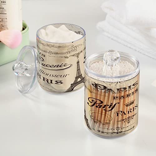 DOMIKING Paris Calligraphy 2 Pack Cotton Swab Holder Dispenser Plastic Jar Bathroom Storage Canister Acrylic Containers for Cotton Ball Cotton Swab Cotton Round Pads