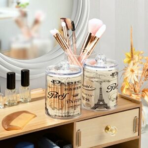 DOMIKING Paris Calligraphy 2 Pack Cotton Swab Holder Dispenser Plastic Jar Bathroom Storage Canister Acrylic Containers for Cotton Ball Cotton Swab Cotton Round Pads