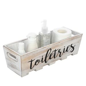 mygift white washed solid wood toilet tank tray bathroom vanity tray for toiletries and guest towel storage organizer with toiletries cursive writing design