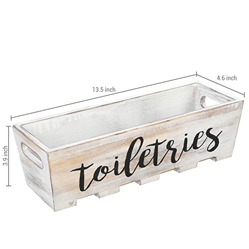 MyGift White Washed Solid Wood Toilet Tank Tray Bathroom Vanity Tray for Toiletries and Guest Towel Storage Organizer with Toiletries Cursive Writing Design