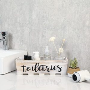 MyGift White Washed Solid Wood Toilet Tank Tray Bathroom Vanity Tray for Toiletries and Guest Towel Storage Organizer with Toiletries Cursive Writing Design
