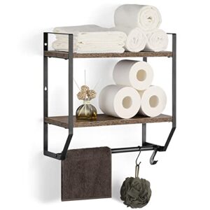 vrisa bathroom wall shelf with towel bar bathroom shelves wall mounted 2 tier towel rack with shelf and 5 hooks rustic storage organizer for kitchen bedroom (brown+black)