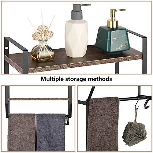 Vrisa Bathroom Wall Shelf with Towel Bar Bathroom Shelves Wall Mounted 2 Tier Towel Rack with Shelf and 5 Hooks Rustic Storage Organizer for Kitchen Bedroom (Brown+Black)