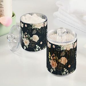 Gredecor 4 Pack Qtip Dispenser Apothecary Jars Bathroom Organizer, Romantic Pink Gold Flowers Black Qtip Holder Storage Canister Plastic Acrylic Jar for Cotton Ball/Swab/Rounds