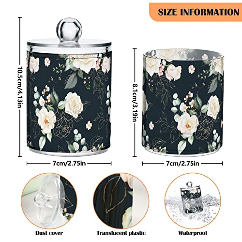 Gredecor 4 Pack Qtip Dispenser Apothecary Jars Bathroom Organizer, Romantic Pink Gold Flowers Black Qtip Holder Storage Canister Plastic Acrylic Jar for Cotton Ball/Swab/Rounds