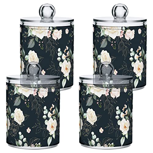 Gredecor 4 Pack Qtip Dispenser Apothecary Jars Bathroom Organizer, Romantic Pink Gold Flowers Black Qtip Holder Storage Canister Plastic Acrylic Jar for Cotton Ball/Swab/Rounds