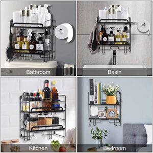 Over The Toilet Storage Shelf, 2 Tier Bathroom Organizer Over Toilet with Toilet Paper Holder & 2 Hooks, No Drilling Space Saver with Wall Mounting Design (Black)