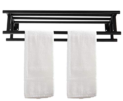 Mind Reader Alloy Collection, Wall-Mount Towel Rack with 2 Bars and Top Shelf, Drying Rack, Metal, Black