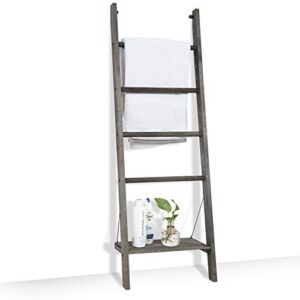 mygift vintage gray wood wall leaning towel ladder rack for bathroom with bottom storage shelf, decorative wooden blanket ladder