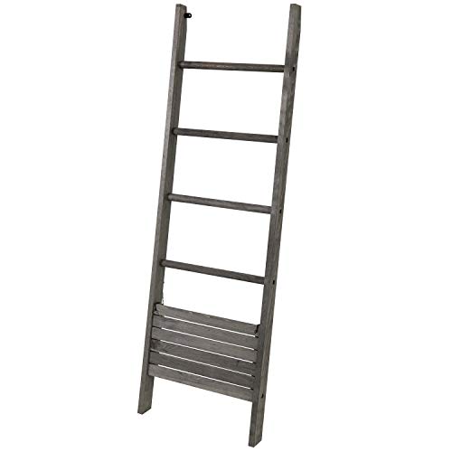 MyGift Vintage Gray Wood Wall Leaning Towel Ladder Rack for Bathroom with Bottom Storage Shelf, Decorative Wooden Blanket Ladder