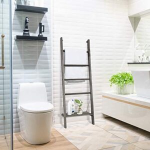 MyGift Vintage Gray Wood Wall Leaning Towel Ladder Rack for Bathroom with Bottom Storage Shelf, Decorative Wooden Blanket Ladder